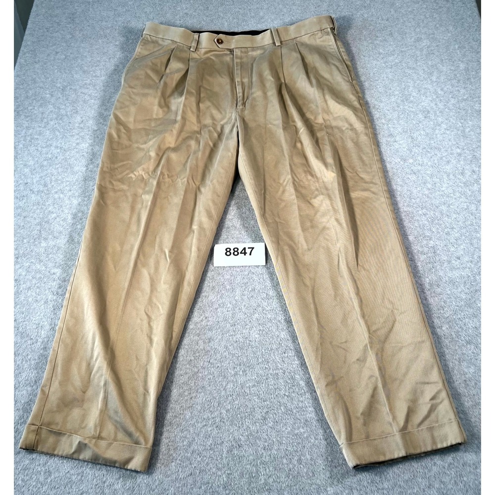 Savane Dress Pants Mens 40x30 Khaki Cotton Pleated Front Cuffed Hem Formal